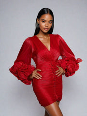 Anneline V Neck Ruched Mini Dress In Red