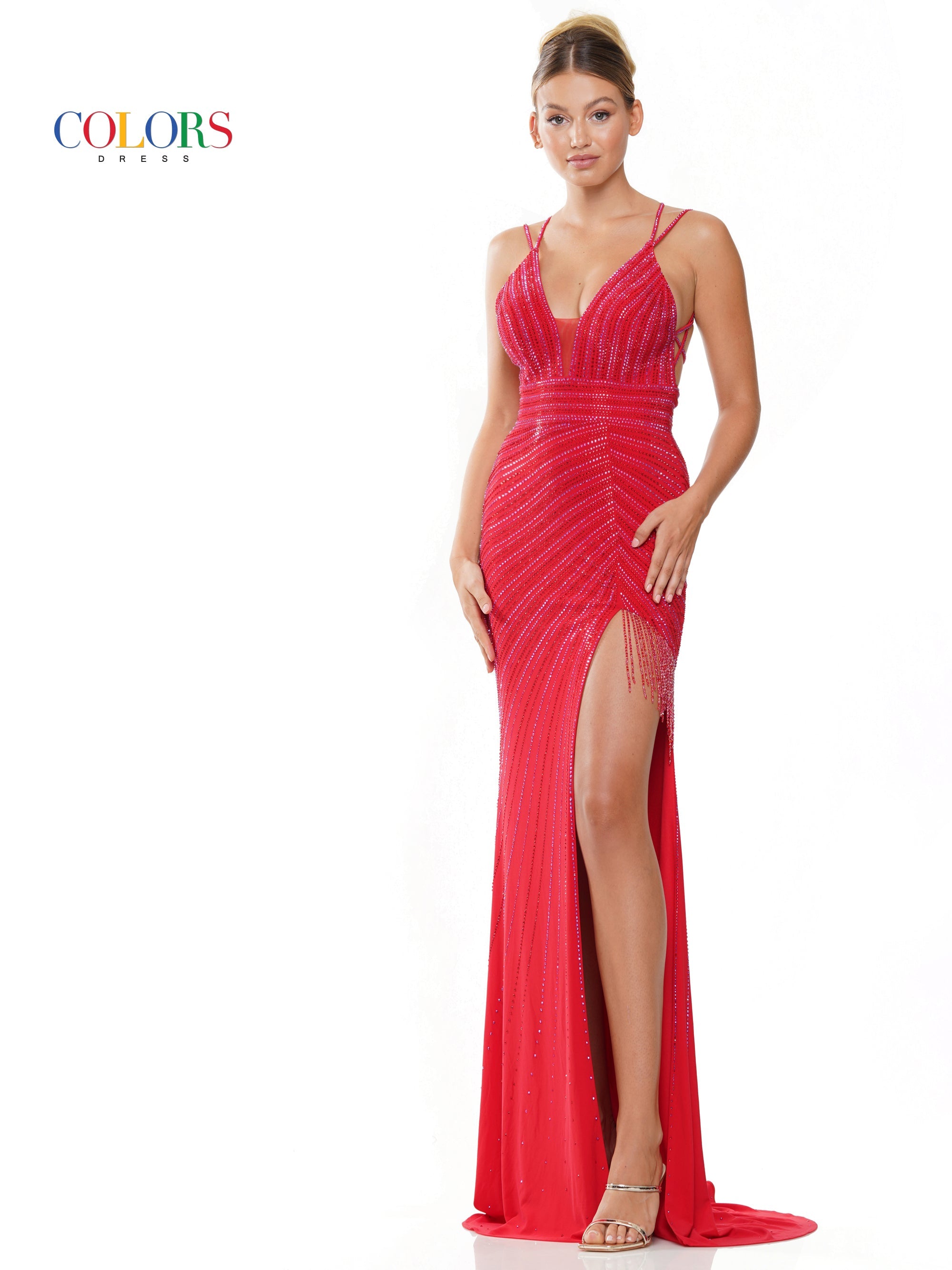 Colors 3092 Long Spaghetti Strap Formal Beaded Prom Dress