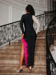 Aakifah Rhinestone Feather Bandage Midi Dress