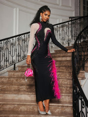 Aakifah Rhinestone Feather Bandage Midi Dress