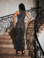 Abetzi Sleeveless Rhinestone Mesh Maxi Dress