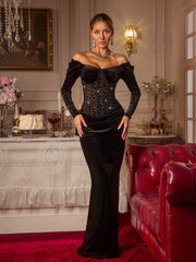 Abihail Off Shoulder Rhinestone Velvet Maxi Dress