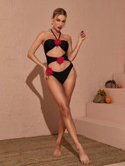 Addy Halterneck Cutout Embellished Swimsuit In Black