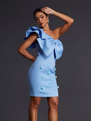 Adhra One Shoulder Bow Flower Mini Dress