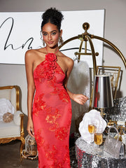 Aedin Halterneck Flower Maxi Dress In Red