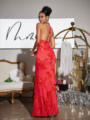 Aedin Halterneck Flower Maxi Dress In Red