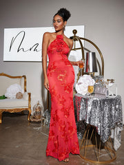 Aedin Halterneck Flower Maxi Dress In Red