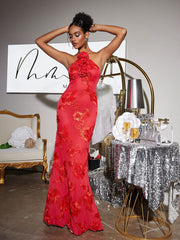 Aedin Halterneck Flower Maxi Dress In Red