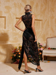 Aelithra High Neck Split Flower Maxi Dress In Black