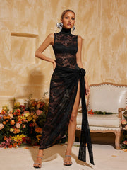 Aelithra High Neck Split Flower Maxi Dress In Black