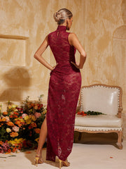 Aelithra High Neck Split Flower Maxi Dress In Wine