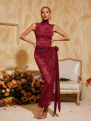 Aelithra High Neck Split Flower Maxi Dress In Wine