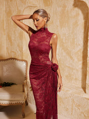 Aelithra High Neck Split Flower Maxi Dress In Wine