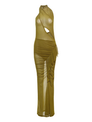 Aelthorin Backless Cutout Maxi Dress In Olive Green