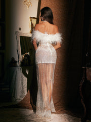 Aendria Off Shoulder Embellished Feather Maxi Dress