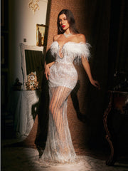 Aendria Off Shoulder Embellished Feather Maxi Dress