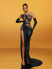 Aethon Strapless Metallic Flower Maxi Dress In Black