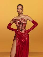 Aethon Strapless Metallic Flower Maxi Dress In Red