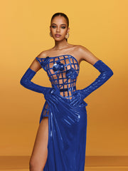 Aethon Strapless Metallic Flower Maxi Dress In Blue