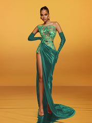 Aethon Strapless Metallic Flower Maxi Dress In Green
