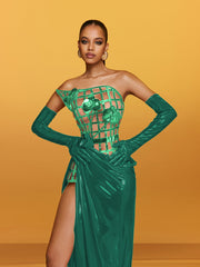 Aethon Strapless Metallic Flower Maxi Dress In Green