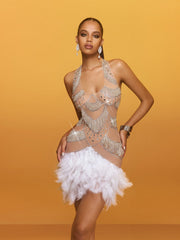 Aevon Halterneck Rhinestone Feather Mini Dress