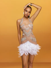 Aevon Halterneck Rhinestone Feather Mini Dress