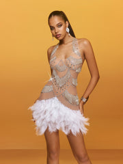 Aevon Halterneck Rhinestone Feather Mini Dress
