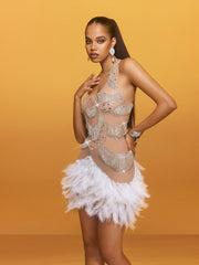 Aevon Halterneck Rhinestone Feather Mini Dress