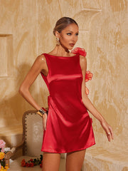 Aevorix Backless Flower Satin Mini Dress In Red