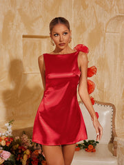 Aevorix Backless Flower Satin Mini Dress In Red
