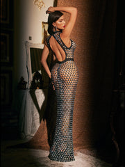 Aevren High Neck Rhinestone Cutout Maxi Dress