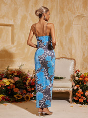 Aevryn Spaghetti Leopard Midi Dress In Blue