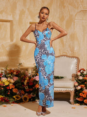 Aevryn Spaghetti Leopard Midi Dress In Blue