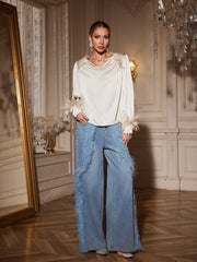 Agneza Cowl Neck Feather Trimmed Top