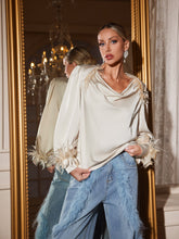 Agneza Cowl Neck Feather Trimmed Top