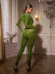 Vaelun Plunge Neck Leopard Jumpsuit In Green