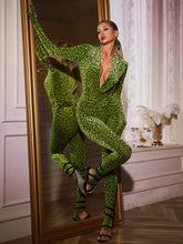Vaelun Plunge Neck Leopard Jumpsuit In Green
