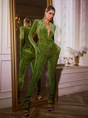 Vaelun Plunge Neck Leopard Jumpsuit In Green
