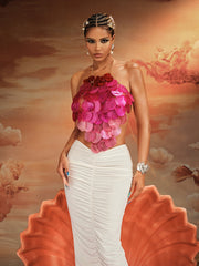 Akili Halterneck Sequin Scale Top In Hot Pink