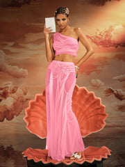 Akiye One Shoulder Ruched Skirt Set In Pink