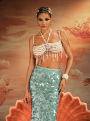 Akram Fringe Pearl Beaded Bralette