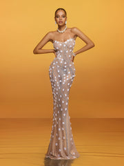 Akrion Strapless Rhinestone Flower Maxi Dress
