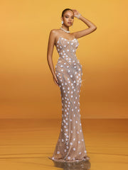 Akrion Strapless Rhinestone Flower Maxi Dress