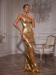 Aksel Strapless Corset Chain Wrapped Maxi Dress