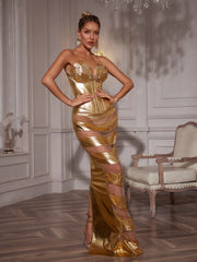 Aksel Strapless Corset Chain Wrapped Maxi Dress