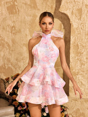 Alecto Backless Flower Printed Bow Mini Dress