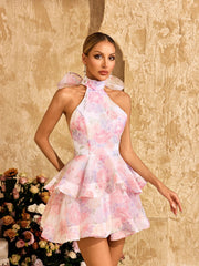 Alecto Backless Flower Printed Bow Mini Dress