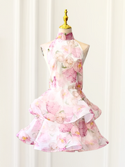 Alecto Backless Flower Printed Bow Mini Dress