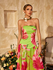 Alikae Strapless Printed Split Maxi Dress In Green